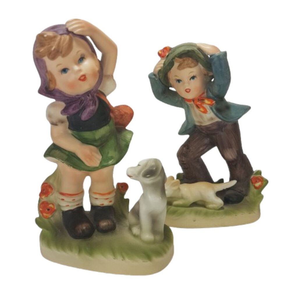 Set of 2 Vintage JAPAN Figurines Boy Girl Pets Cat Dog Ceramic Ornaments Decor